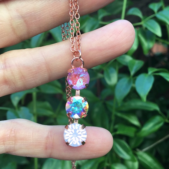 Aurora Borealis, Pink Opal + Violet Crystal Drop Necklace - Picture 4 of 16
